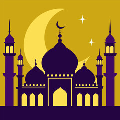"A vector silhouette of a majestic mosque with crescent moons on top of its minarets."