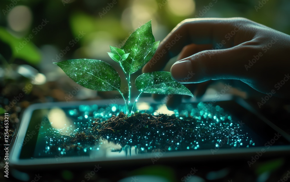Poster holographic esg interface displayed above a digital tablet