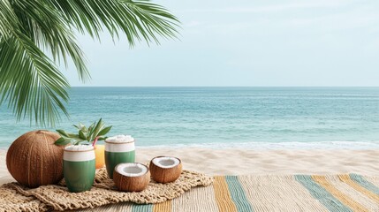 A serene beach scene featuring tropical drinks in coconuts, a woven mat, and a backdrop of calm ocean waves and palm leaves.