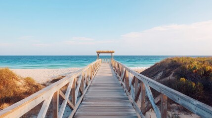 Fototapeta premium A wooden pier leads to a serene beach and vibrant ocean under a clear sky, evoking tranquility and natural beauty.