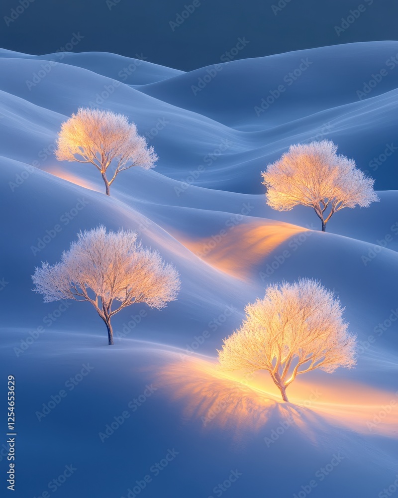 Aufkleber snowy landscape with illuminated trees on rolling hills at twilight creating a serene scene