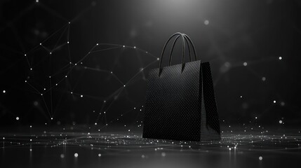 Black shopping bag on dark background with network connections.
