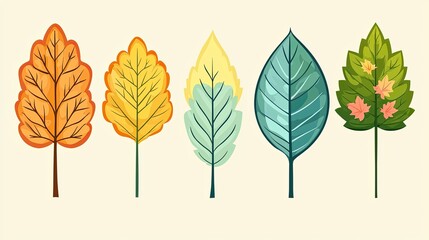 Naklejka premium Colorful illustration of various leaf shapes and sizes showcasing autumn hues and greenery