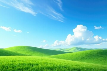 Fototapeta premium Soft wispy clouds drift across a brilliant blue sky with gentle rounded hills in the distance, blue sky, rolling hills, soft clouds