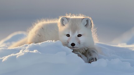 Fototapeta premium Portrait cute baby arctic fox walking in snow winter landscape. AI generated image