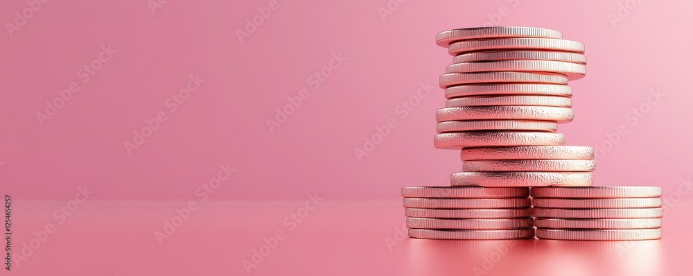 Poster a stack of shiny coins is displayed on a soft pink background, highlighting the contrast between the
