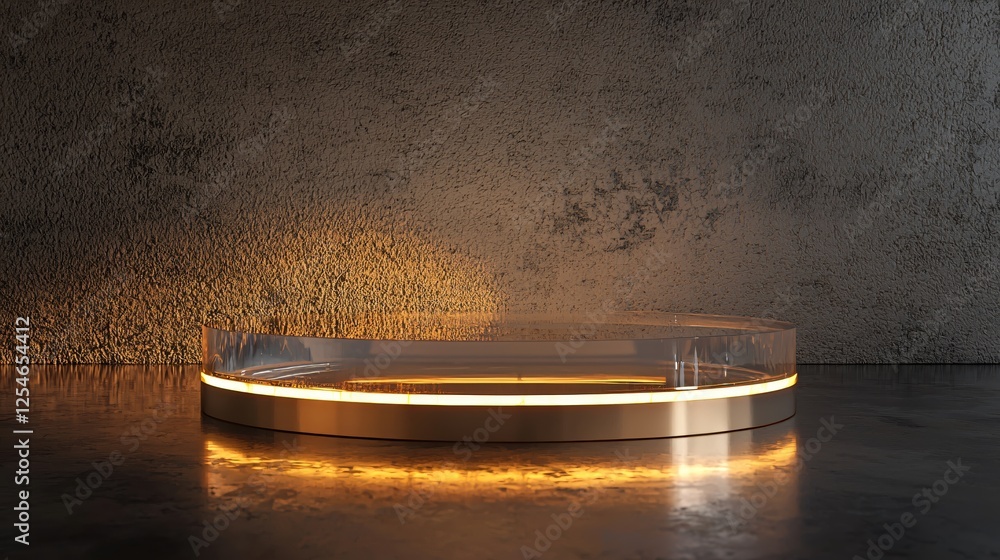 Poster illuminated circular stage against a textured wall creating an elegant and modern backdrop