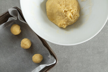 cookie dough preparation on baking tray  