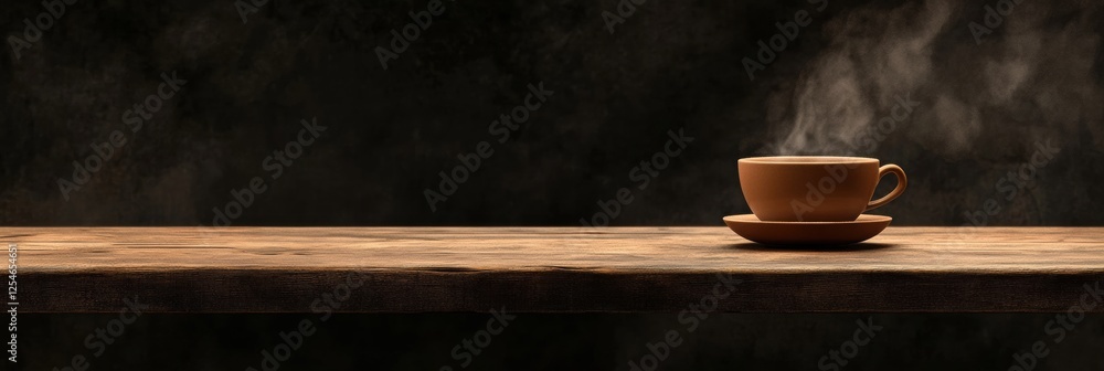 Poster warm coffee cup with rising steam on rustic wooden table in a cozy setting during morning hours. gen