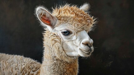 Obraz premium Portrait cute little baby llama or alpaca animal on the green meadow. AI generated image