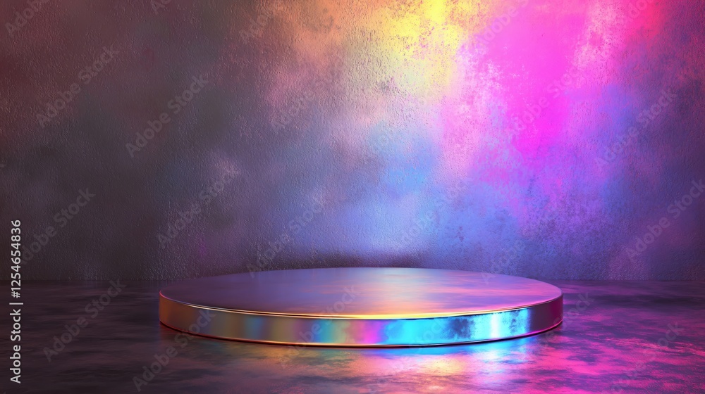 Poster iridescent platform on concrete floor with colorful lighting for product display backdrop
