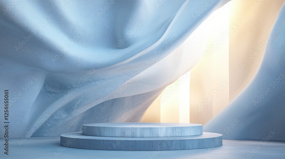 Aufkleber elegant presentation podium with soft blue fabric backdrop displaying a serene and modern style