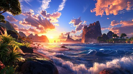 Captivating sunset over a serene ocean landscape with rocky cliffs and vibrant sky colors