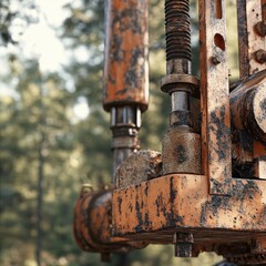 Close up of weathered orange metal machinery with rust and peeling paint in outdoor setting