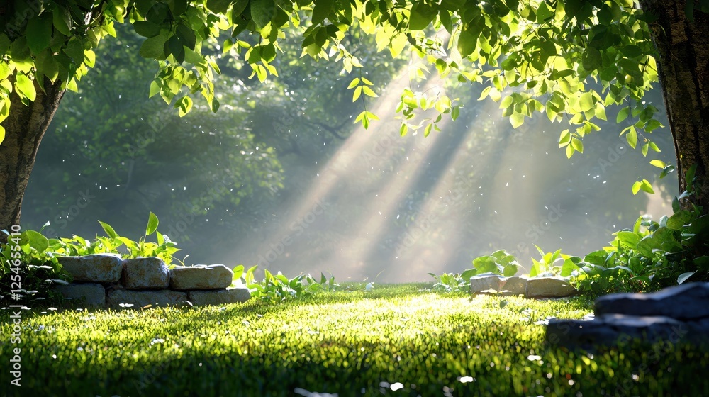 Poster serene forest scene with sun rays filtering through leaves creating a peaceful atmosphere