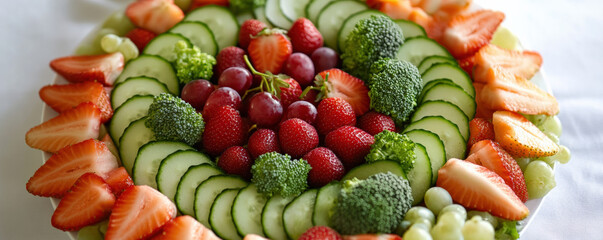 Fresh fruit and vegetable platter featuring strawberries, cucumbers, grapes, and broccoli arranged in colorful design, perfect for healthy eating and gatherings
