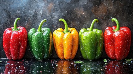 Vibrant assortment of bell peppers in various colors with water droplets on a dark background