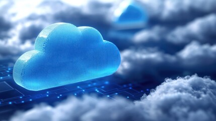 A digital representation of a blue cloud amidst soft, billowy clouds, symbolizing cloud computing technology and data storage.