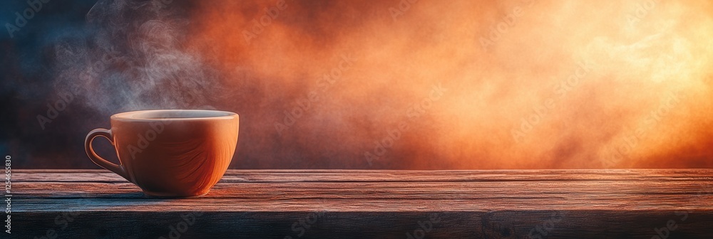 Poster warm coffee cup with rising steam on rustic wooden table creating a cozy atmosphere during morning l
