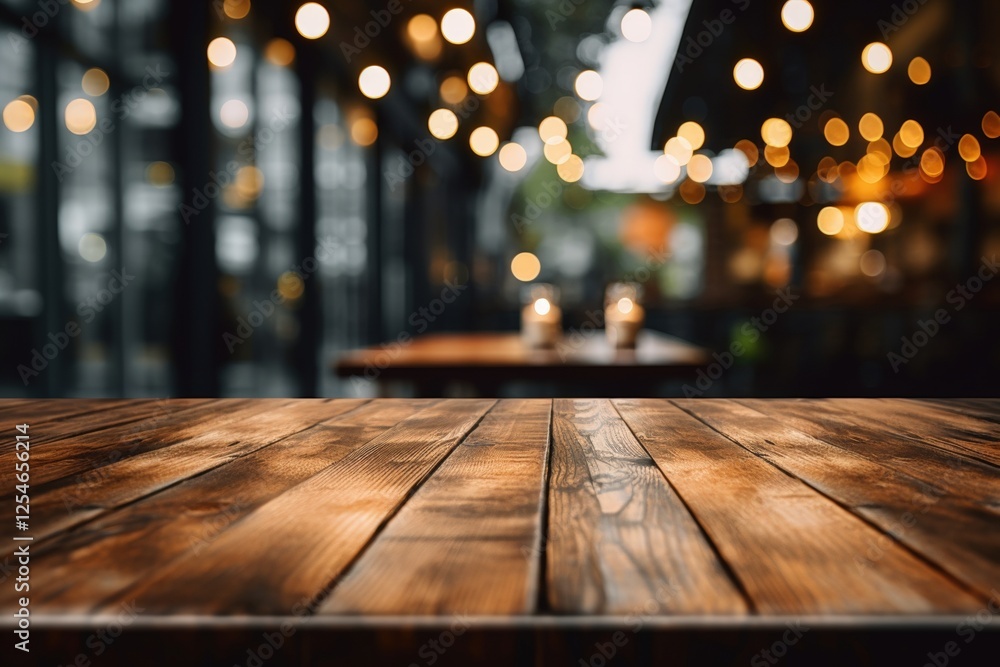 Aufkleber empty wooden table top with warm bokeh lights in the background creating a cozy and inviting atmosph