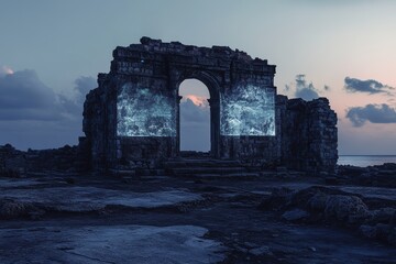 An ancient stone archway with glowing blue projections at dusk