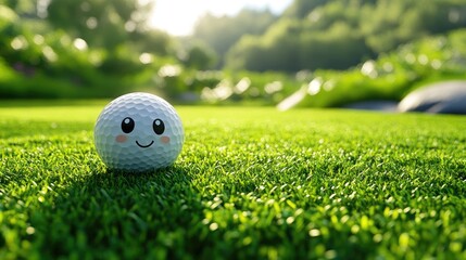 Cheerful golf ball with a smiling face resting on lush green grass in a serene outdoor setting