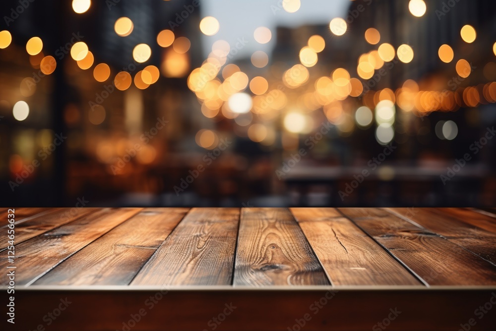 Aufkleber rustic empty wooden table top in a warmly lit environment with bokeh background enhancing the ambian