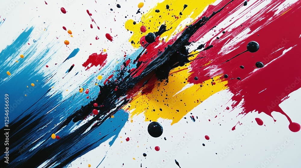 Poster dynamic abstract paint splatter with bold colors on white background artistic expression