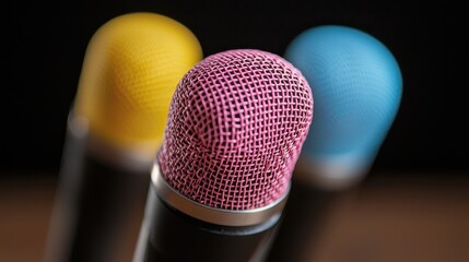 Obraz premium Three colorful microphones in pink, yellow, and blue against a dark background, highlighting their vibrant mesh covers.