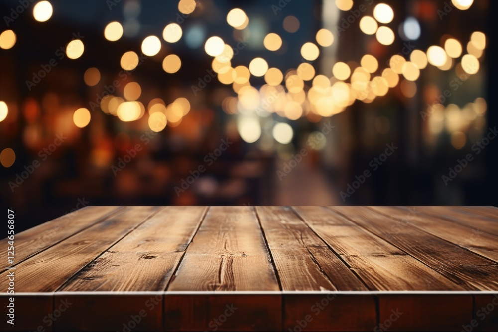 Poster rustic wooden table top against a softly blurred background with warm lights and bokeh effect for cu