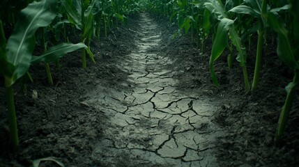 Obraz premium Drought-stricken cornfield path, cracked soil, agriculture crisis