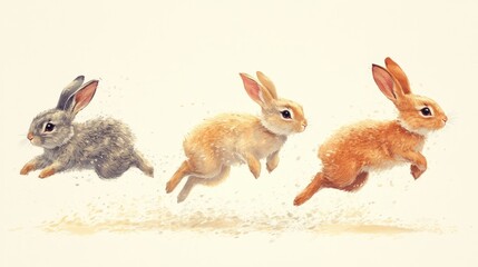 Obraz premium Three adorable bunnies leaping joyfully.