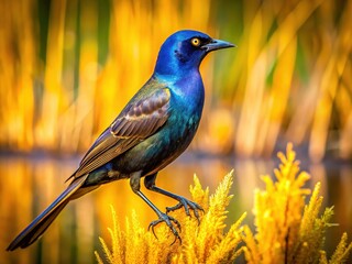 Naklejka premium Common Grackle Perched on Yellow Reed Spring Pond - Wildlife Stock Photo