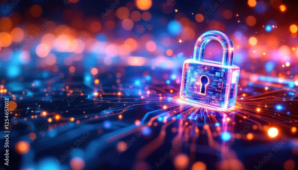 Poster digital security concept with glowing secure lock and network connections