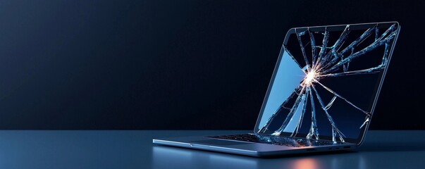 Broken laptop with a cracked screen detail.