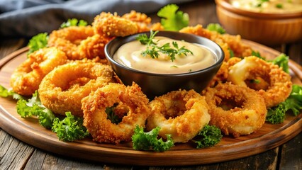 Fototapeta premium Crispy Breaded Shrimp & Squid Rings with Creamy Cheese Sauce - Macro Food Photography