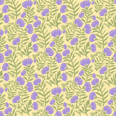 Hand-drawn floral illustration with delicate purple blossoms and flowing green leaves for fabric and decor. Perfect for textiles, wallpapers, fashion accessories, and stationery.