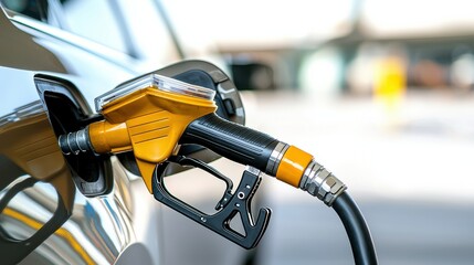A close-up of a fuel pump nozzle inserted into a car's fuel tank, highlighting the process of refueling at a gas station.