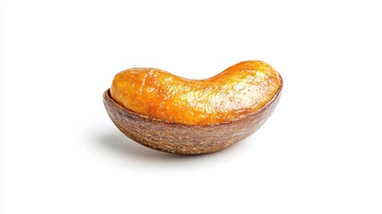 A shiny, golden-brown nut with a smooth surface and a curved shape, resting on a white background.