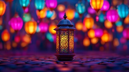 Illuminated Moroccan Lantern with Colorful Festive Lights Background at Night