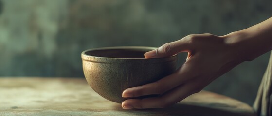 A serene hand reaches out to a simple ceramic bowl on a rustic table, capturing a moment of calm and connection with the earth.