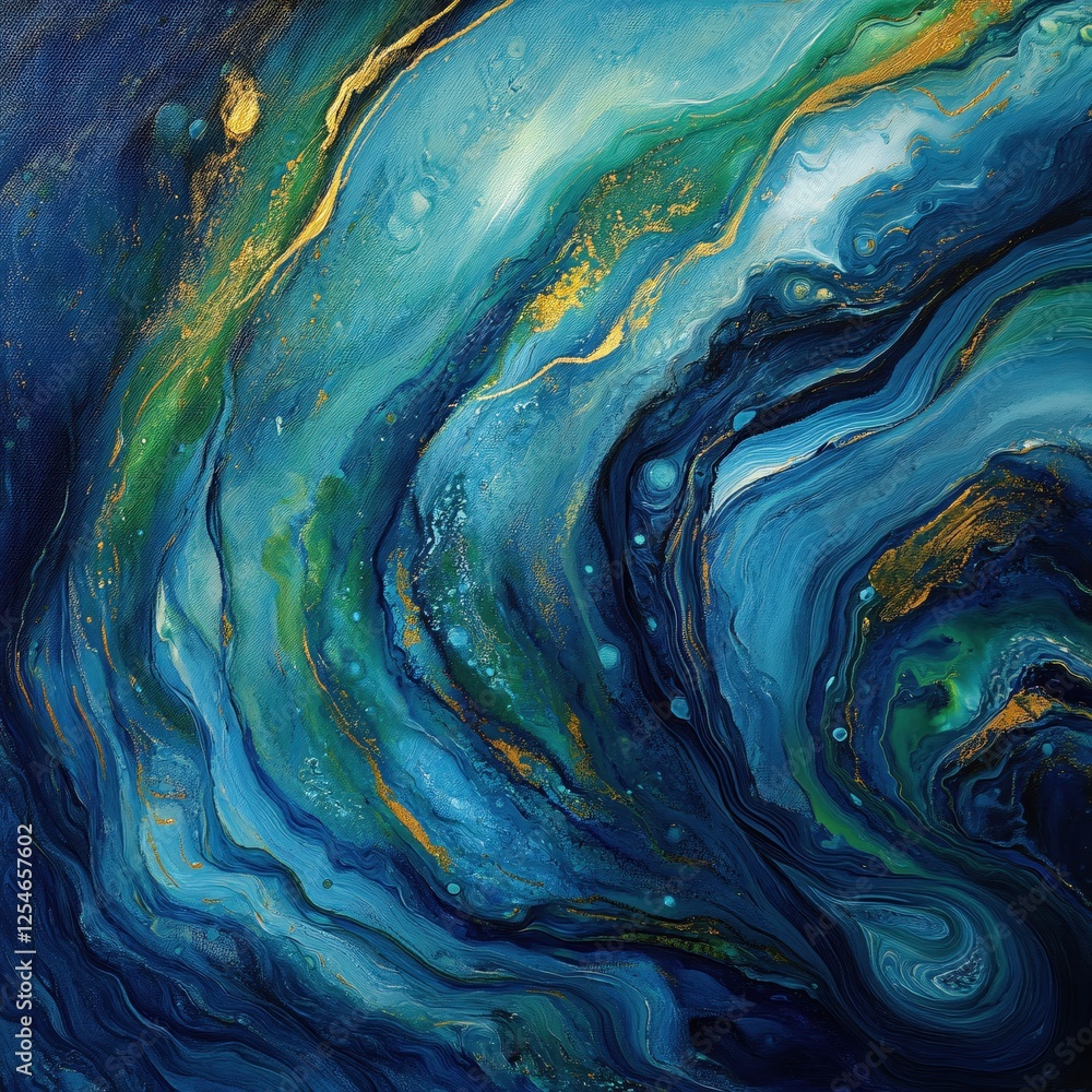 Poster abstract painting with fluid blue green and gold lines creating a wave like pattern
