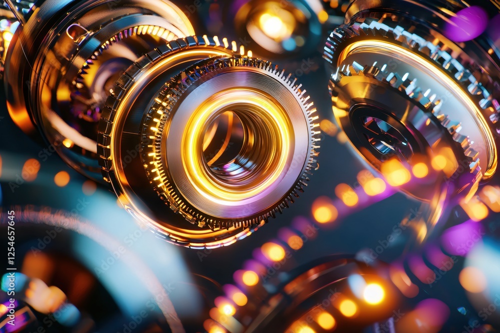 Aufkleber metallic gears and cogs with glowing edges abstract industrial design precision and motion