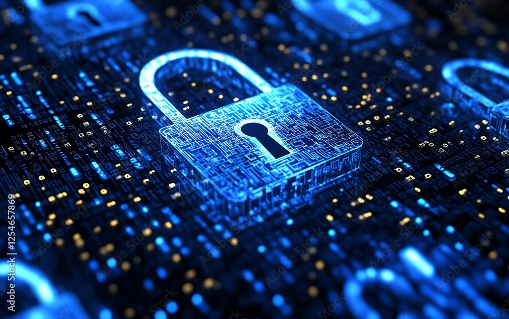Fototapete cybersecurity digital interface featuring a padlock and warnings on the screen, representing secure 