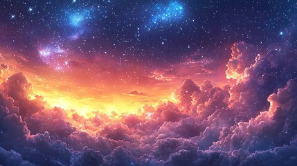 Fototapeta premium Vibrant sunset sky with a blend of orange and purple hues illuminating fluffy clouds