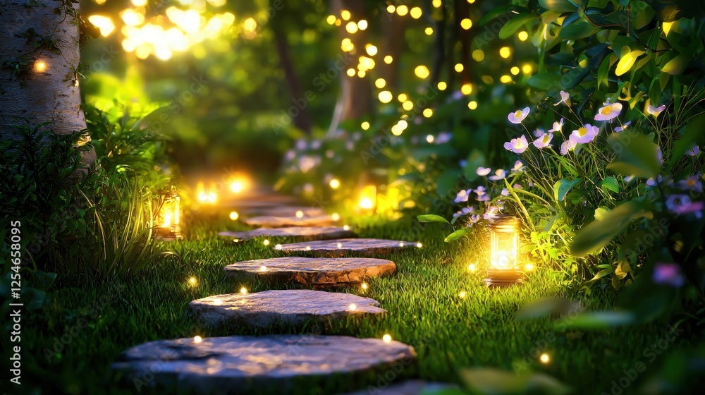 Poster enchanted garden path illuminated by lanterns and fairy lights creating a magical atmosphere