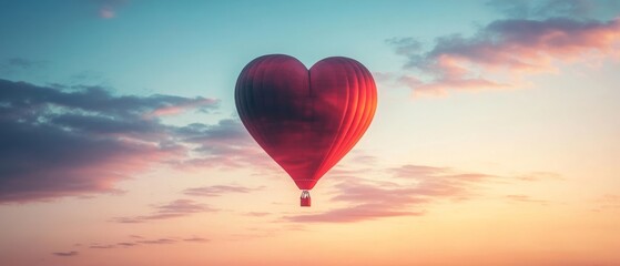 Fototapeta premium A heart-shaped hot air balloon soars gracefully through the colorful dawn sky, symbolizing love and freedom.