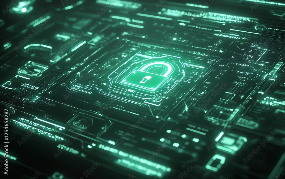 Poster cybersecurity interface on a digital screen, featuring a glowing padlock and warning symbols, repres