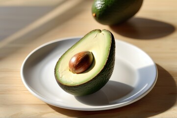 Ripe avocado on a white plate, placed on a rustic wooden table, healthy eating concept