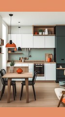 Modern Home Interior Design Featuring Elegant Kitchen with Minimalist Decor and Stylish Dining Area in Soft Color Palette